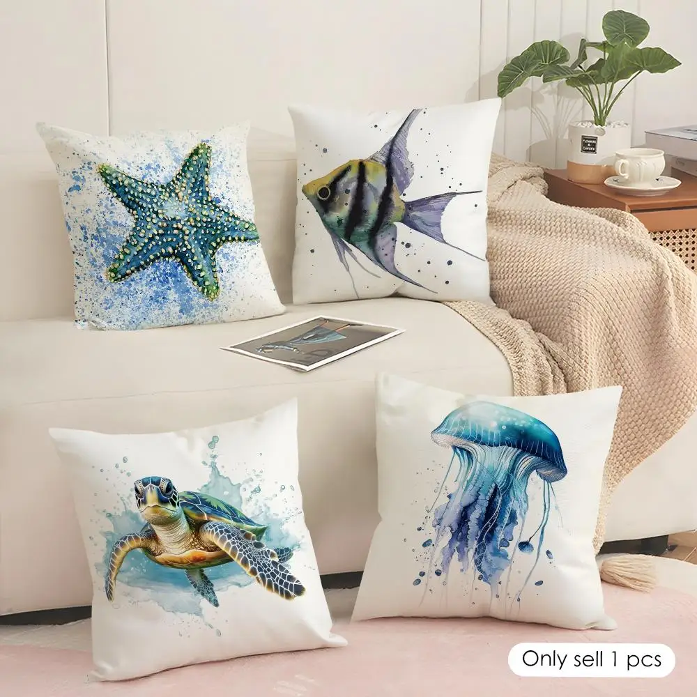 Sea Turtle and Coral Ocean Art Cushion Cover Soft Short Plush Pillow Cover Smooth Cozy Texture Aesthetic Cushion Case Home Decor