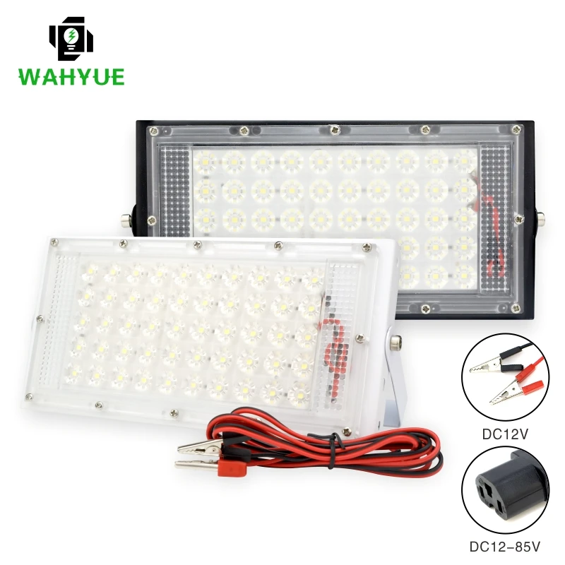 Holofote de segurança portátil com bateria, holofote LED, holofote ao ar livre, DC 12V-85V, DC 12V-85V, conexão de bateria