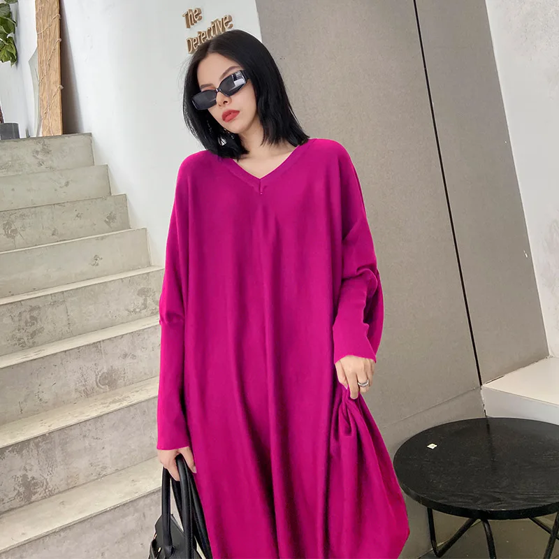 Women Knitted Dresses Solid Mid Length Dress V Neck Batwing Sleeve Slight Stretch Loose Fit Casual Streetwear 2025 Spring Autumn