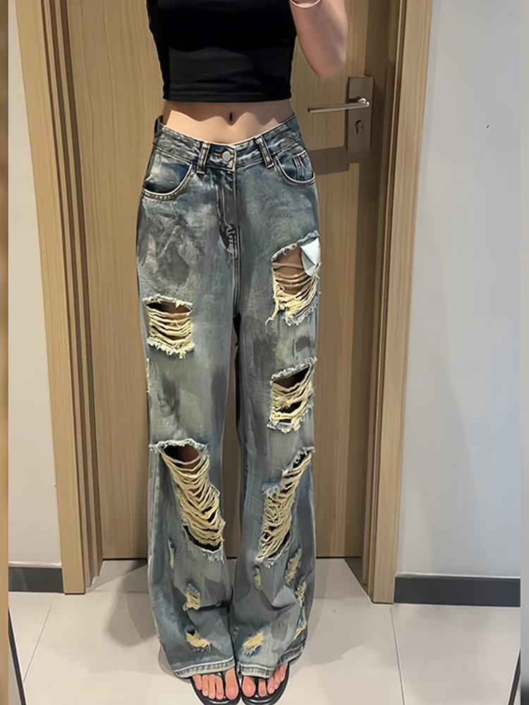 Retro American Design Hole Denim Jeans Women Spring Autumn Street Style Loose Bf Lazy Style Floor-Length Pants