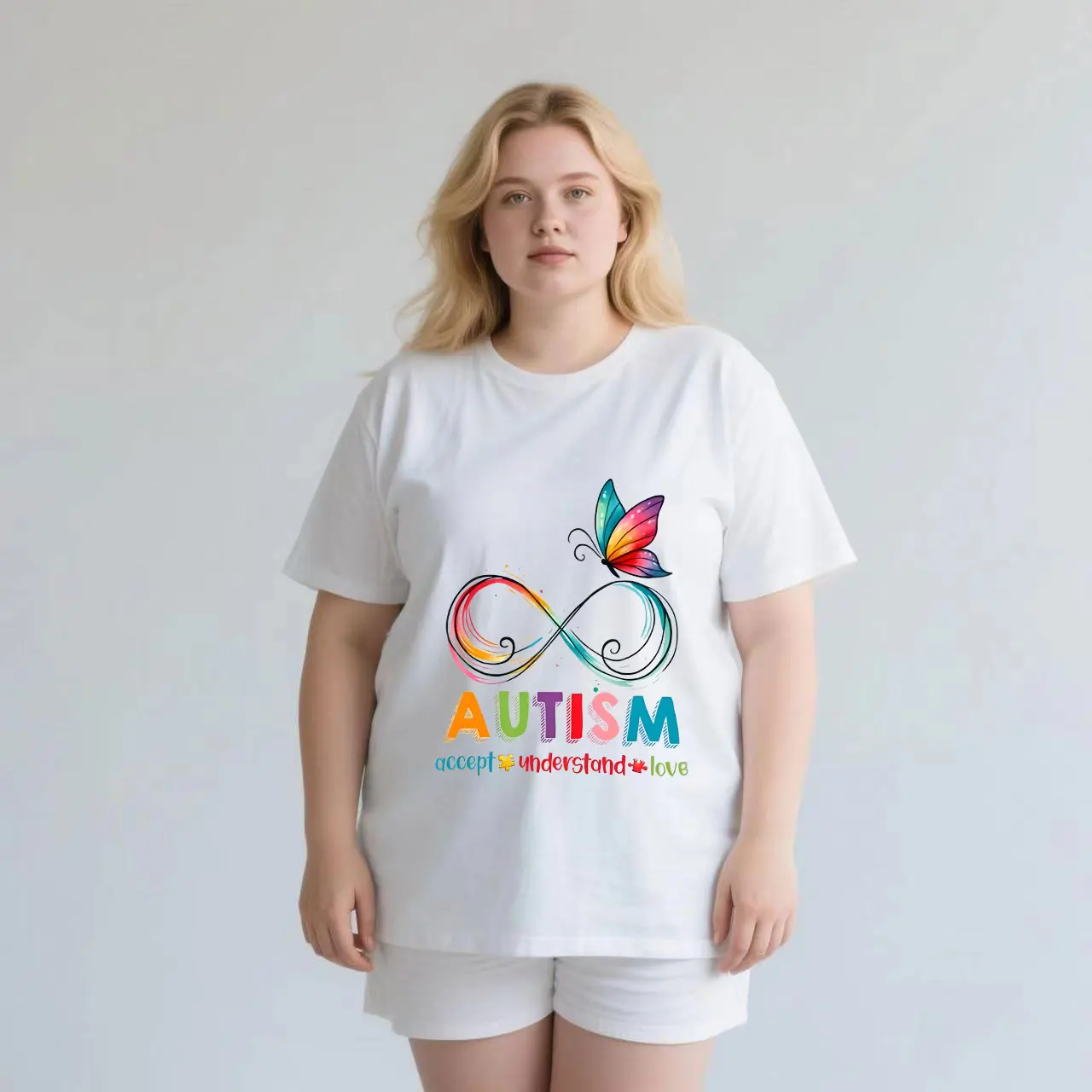 

Colorful butterflies and English prints plus size Ladies' casual short sleeved T-shirt white