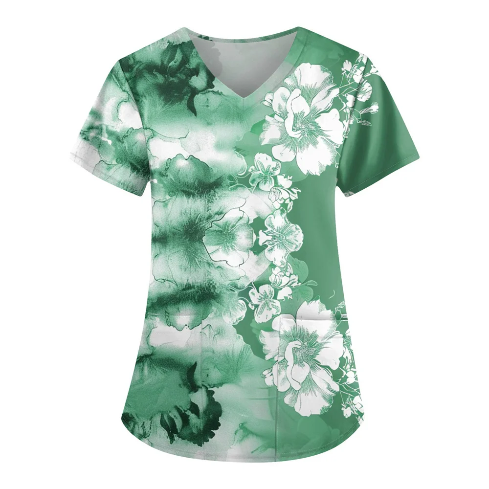Womens Floral Print Uniforms V Neck Summer Casual Scrubs Short Sleeve Medical Workwear Nursing Scrub Tops with Pockets 3XL ﻿