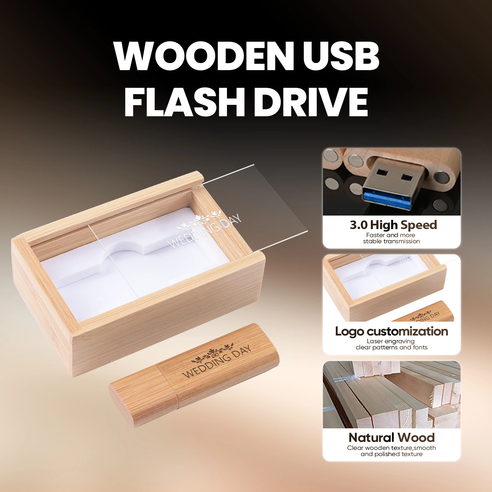 USB3.0 Free Custom Logo USB Flash Drive Transparent Lid Wooden Box Pen Drive Business Gift Bamboo Memory Stick 128GB 64GB 32GB