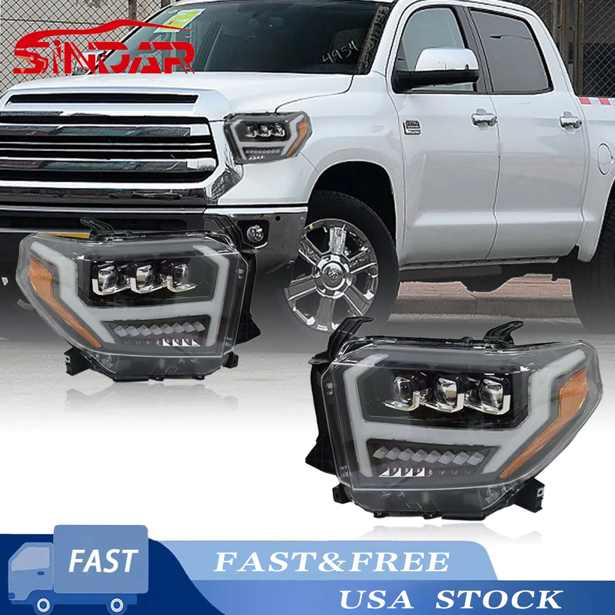 

Светодиодные фары SINDAR (2 шт.), черные с белыми ДХО, для Toyota Tundra 20014-2021, левая+правая