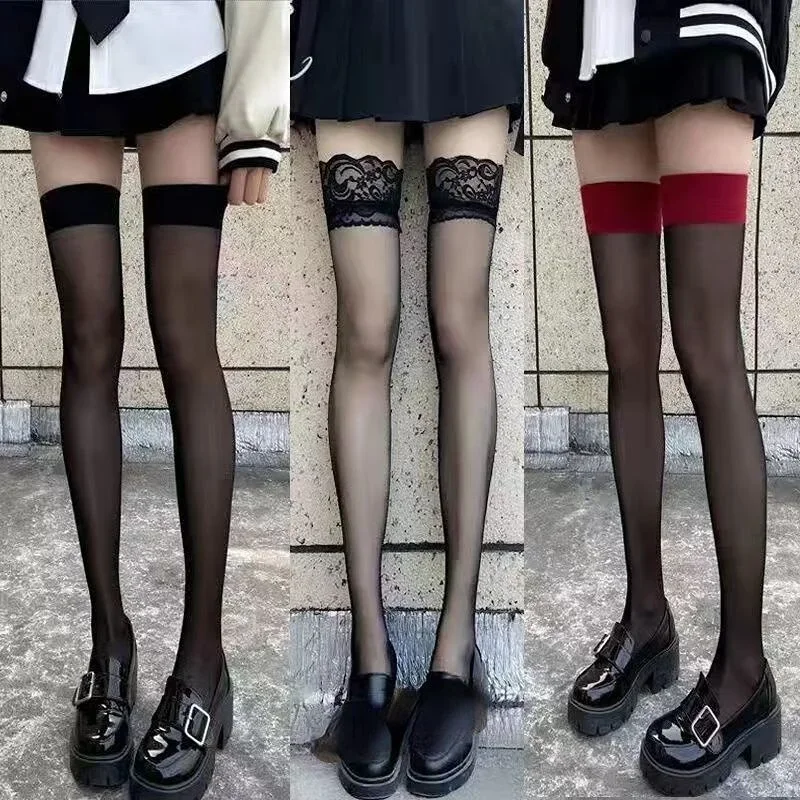 Sexy Red Edge New Over The Knee Long Socks Gothic Lace Transparent Thigh High Stockings Women Punk JK Thin Silk Solid Hosiery