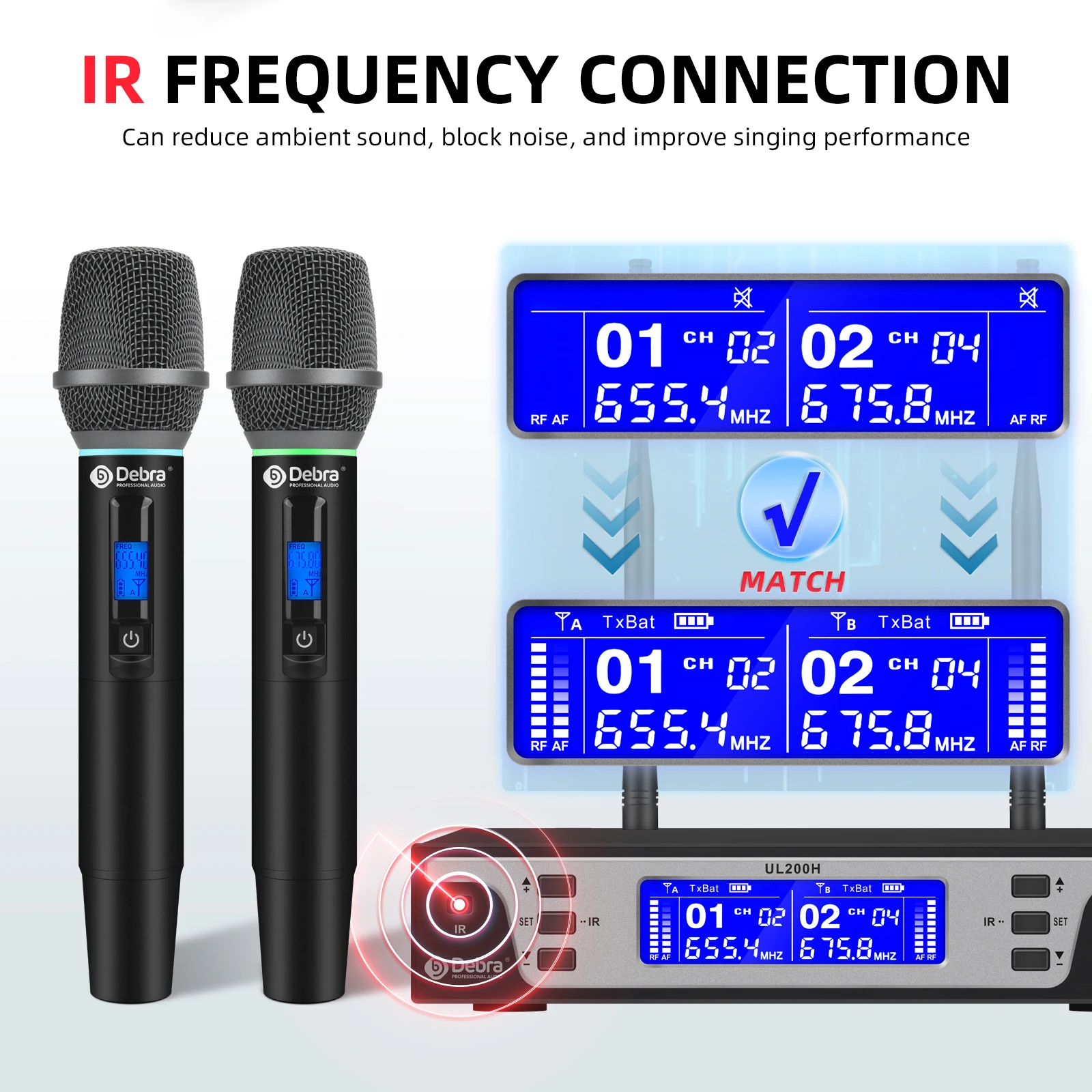 نظام ميكروفون لاسلكي احترافي من Debra UL200H UHF، ميكروفون معدني، إلغاء الضوضاء الذكي، للمرحلة