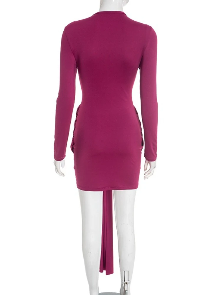 セクシーなツイストタイドレープミニボディコンワンピース レディース 無地 Oネック 長袖 ハイウエスト リボン スリム 秋 パーティー クラブドレス