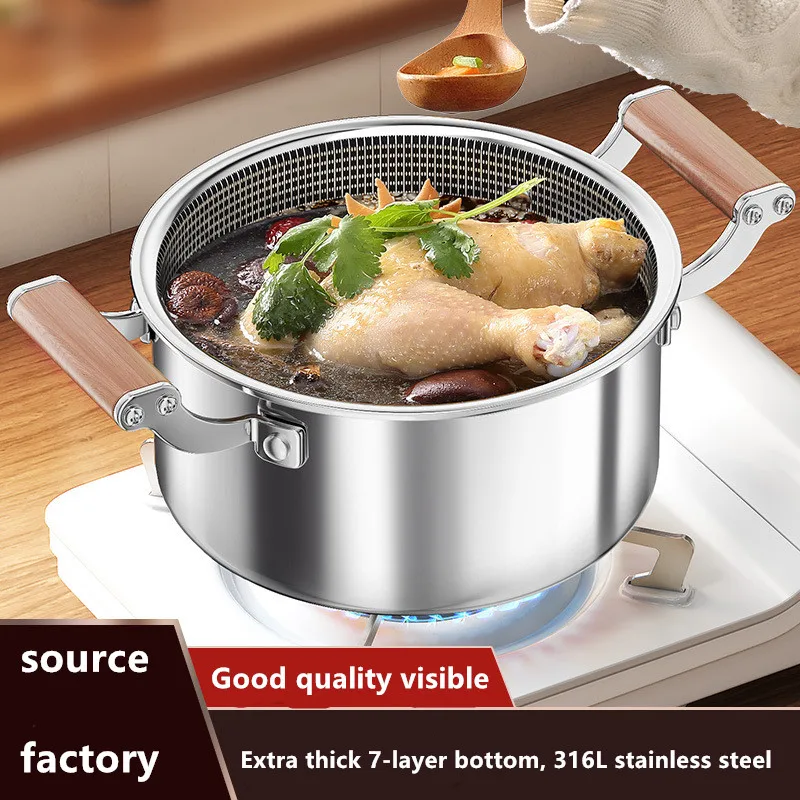 

Seven Layer Steel 316L Stainless Steel Soup Pot Thickened Food Grade Stewing Uncoated Double Wood Handle Honeycomb Pot