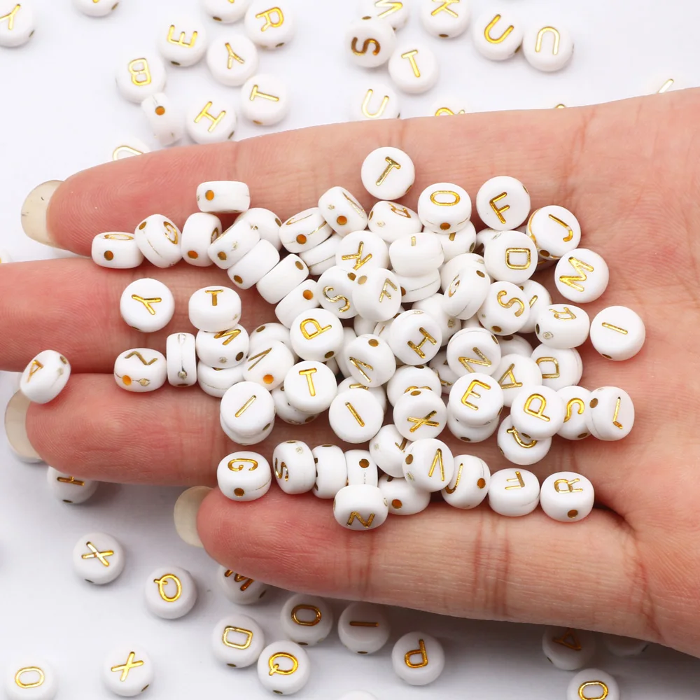 Gold Color Single Letters Beads White Flat Round Alphabet Acrylic Spacer Beads For Jewelry Making Bracelet Key Chain Accessories