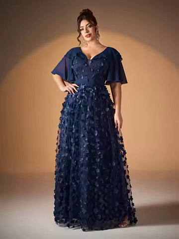 Mgiacyv-neck, lotus leaf mid-sleeve, three-dimensional embroidered lace high-end evening dress