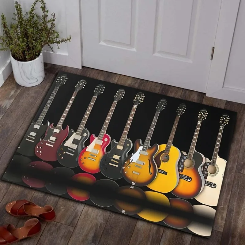 Electric Acoustic Guitar Flannel Rug Music Band Instrument Floor Mat Soft Non-slip Area Carpet for Living Room Bedroom Decor
