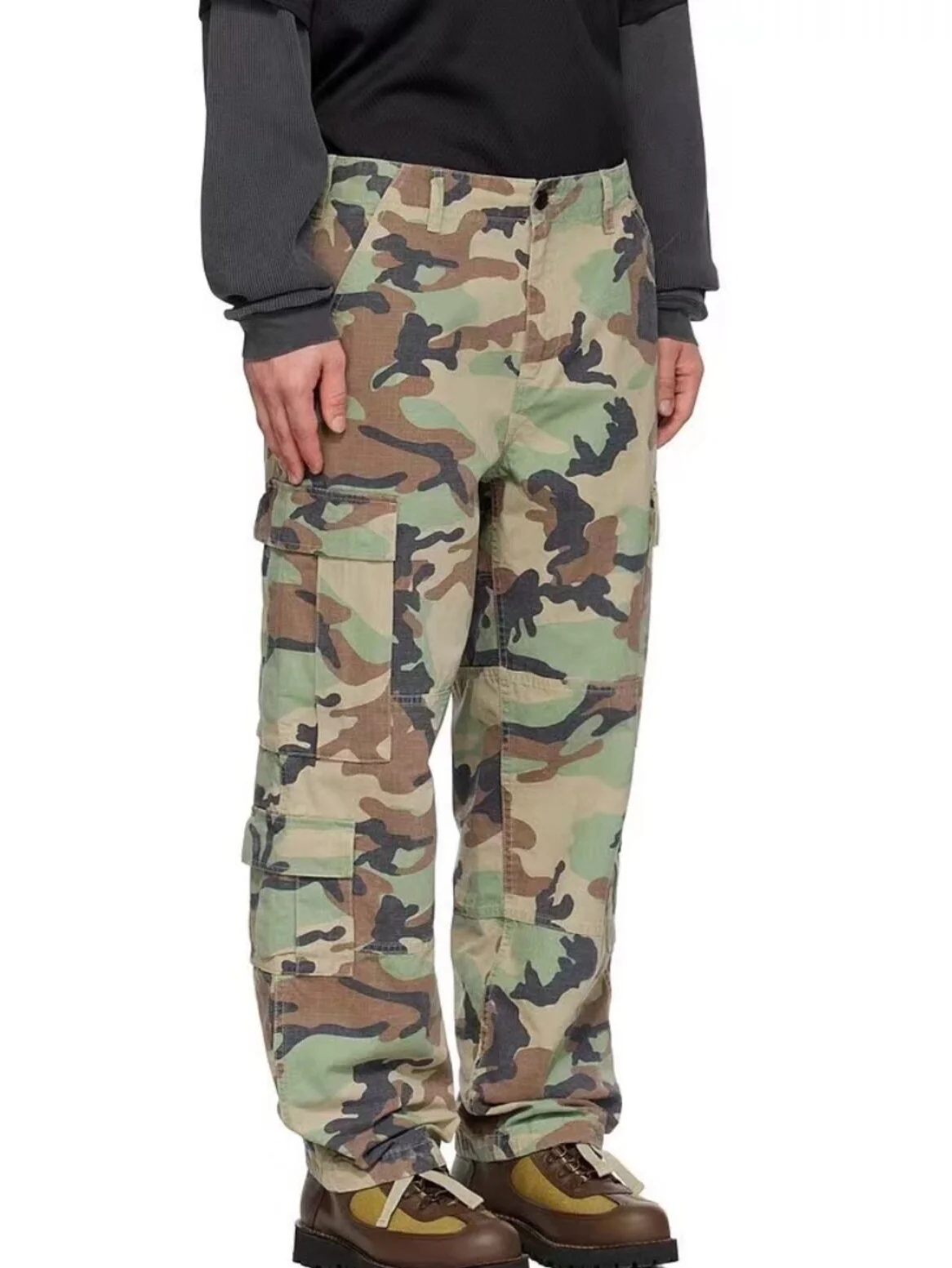 American Street Style Camouflage Cargo Pants Multi-Pocket 3D Tailoring Casual Workwear Long Trousers for Young Men
