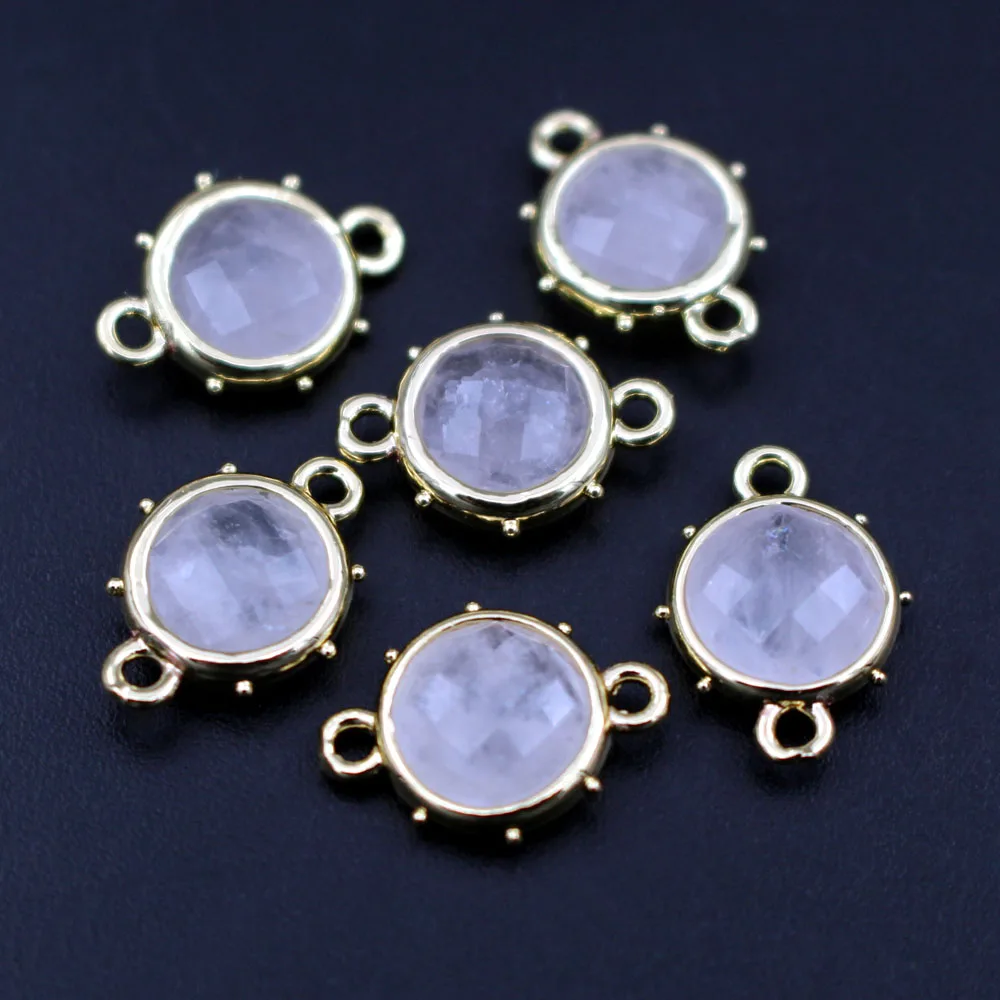 10pcs Round Faceted Natural Rose Quartz Light Blue Stone Charms Pendant Connectors DIY for Women Link Chain Bracelet Earrings