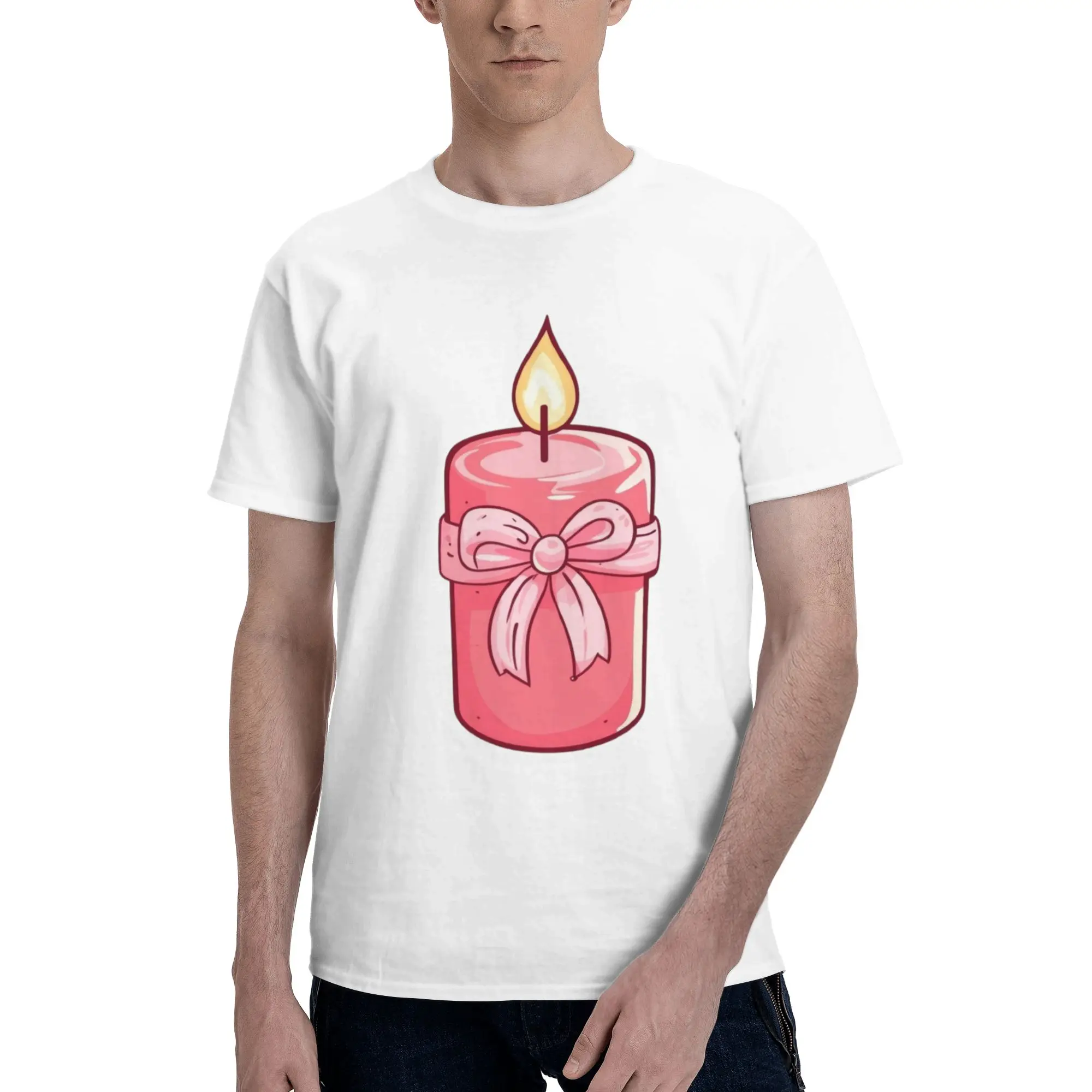 Pink Ribbon Candle Cute Illustration Men's T Shirt  Unique Tees Short Sleeve O Neck Pure Cotton New Arrival Clothing T-Shirt