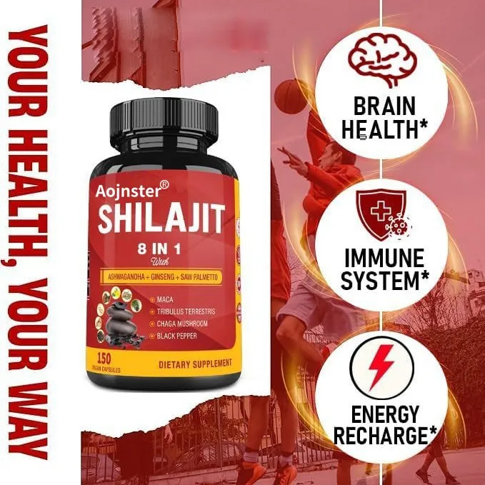 Shilajit 8 in 1 Supplement Capsules 150 Count，Tribulus,Chaga Mushroom&Black Pepper,Daily Vitality Support