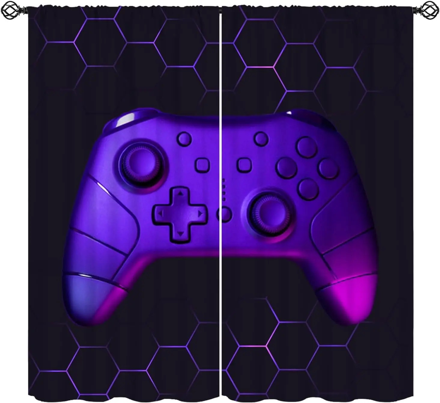 Neon Purple Hexagon Gaming Theme Curtain 2 Panels Dark Base Shiny Game Controller Print Window Drape Trendy Casual Gamer Teen
