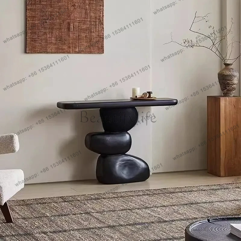 black entrance platform log end view platform against the wall entrance table retro zen rock entrance table
