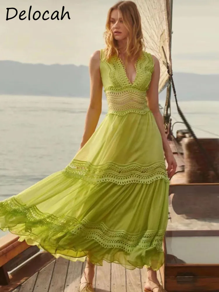 

Delocah High Quality Summer Women Fashion Designer Solid Color Big Swing Long Dress Sleeveless Hollow Out Embroidery Dress