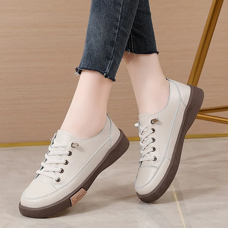 Spring Autumn Women's Shoes Elastic Bands Slip on Casual Shoes Breathable Leather Flat Sneakers Female Platform Skateboard Shoes