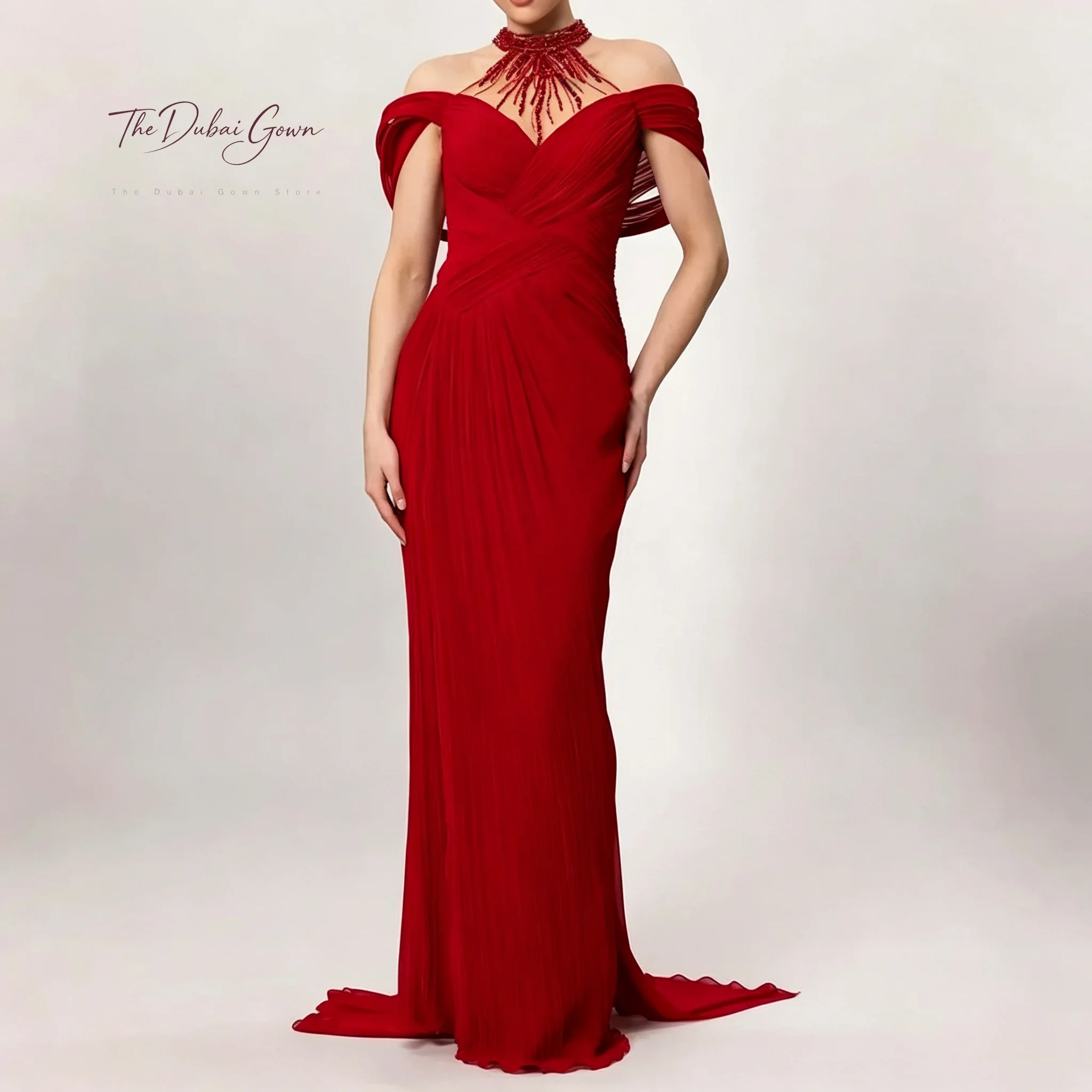 Red necktie off-the-shoulder cardigan sleeveless fish-tail floor-length formal occasion ball gown with crystal pleated frills