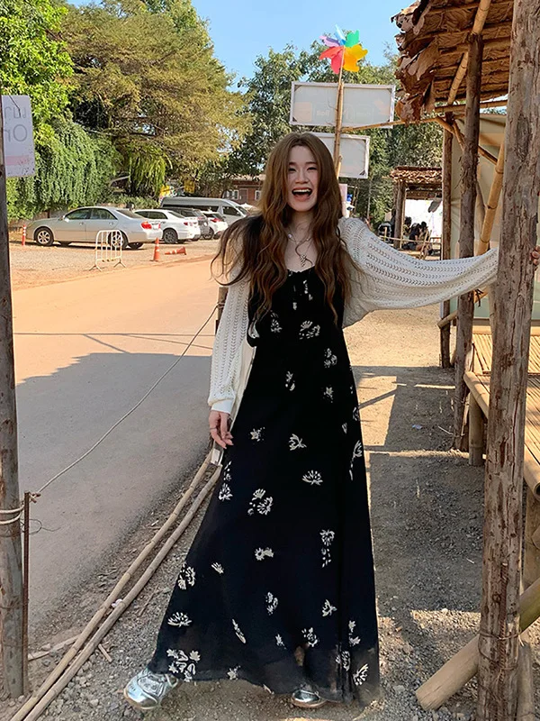 

plus Size Black Floral Print Halter Dress Slimming Ankle-Length High Waist A-Line Korean Style Summer New Arrival Women's Dress