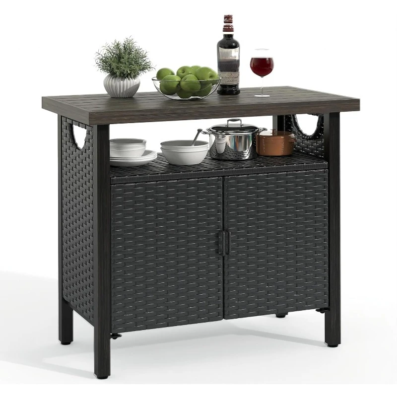 

Outdoor Storage Cabinet, Patio Bar Table with Two Doors and Shelves, Weatherproof Wicker Storage Console Table for Outdoor