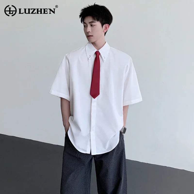 

LUZHEN 2025 Summer Necktie Decorate Short Sleeve Shirts Men's Korean Elegant Fashion Simple Male Casual Tops Handsome New JY3233