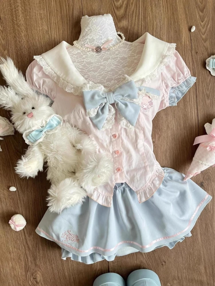 الحلو Preppy نمط Kawaii 2 قطعة مجموعة النساء Y2k لوليتا تصميم القمم + تنورة عالية الخصر الإناث الأميرة الرجعية شيك وتتسابق الصيف