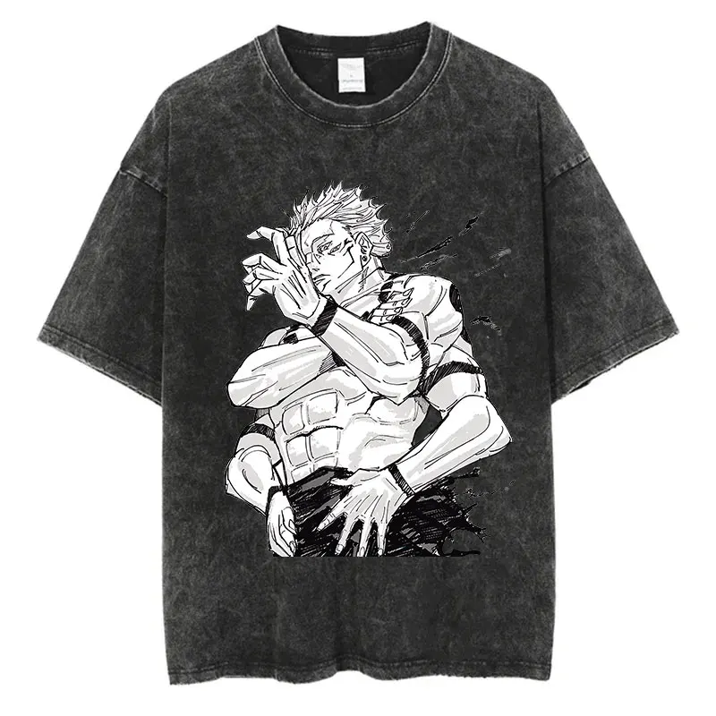 

Cartoon and anime printed short-sleeve T-shirts for men and women high-quality washed retro crewneck casual printed T-shirts