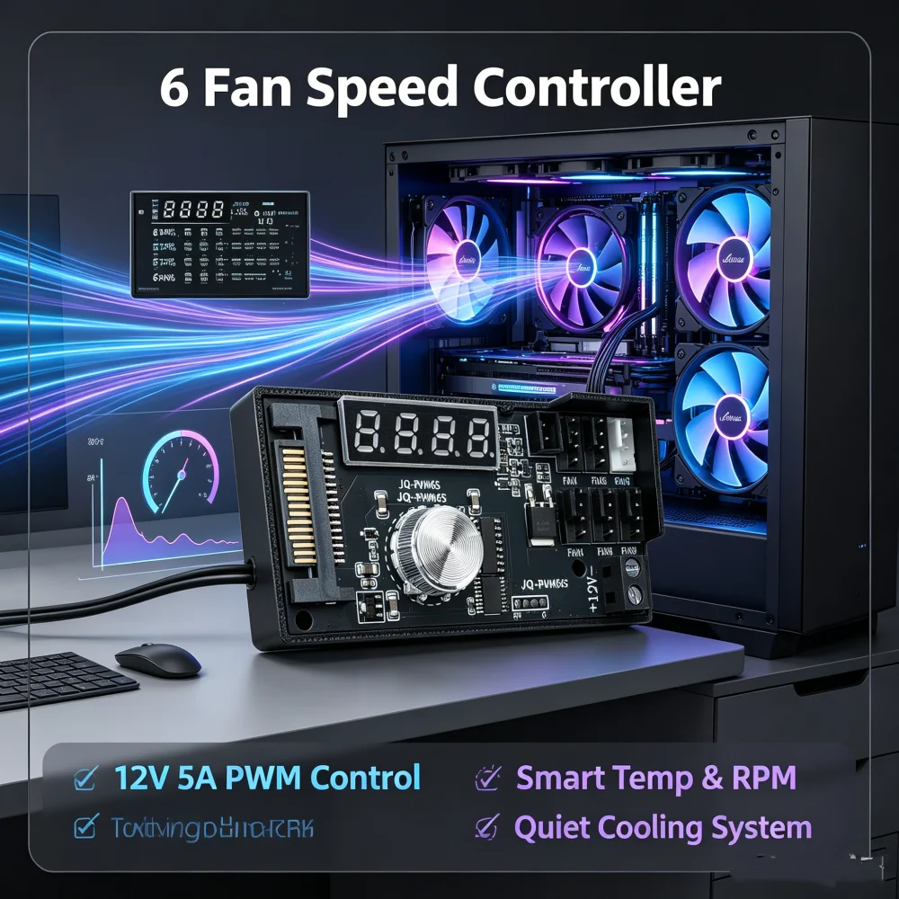 DC 12V 5A PWM Speed Controller Fan Speed Module governor 6Way 4 Wire Computer Temperature control for CPU Cooler Fan SATA Port