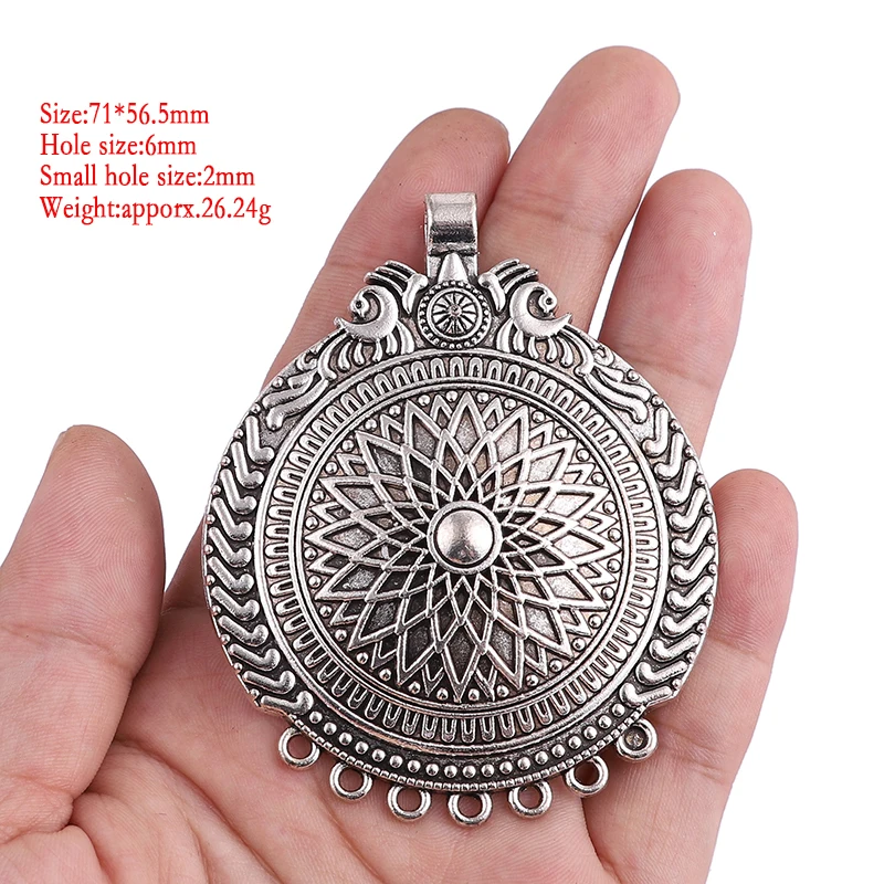 2Pcs/lot Tibetan Silver Large Boho Flower Round Medallion Circles Charms Pendants for Necklace DIY Jewelry Making Findings