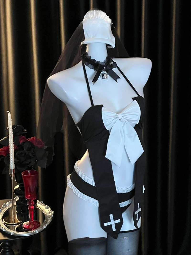 فستان راهبة تنكري مثير ساخن ، نمط موحد للممرضات الرغبة النقية ، زخرفة فيونكة مغرية ، زي لعب الأدوار الليلي ، مثير