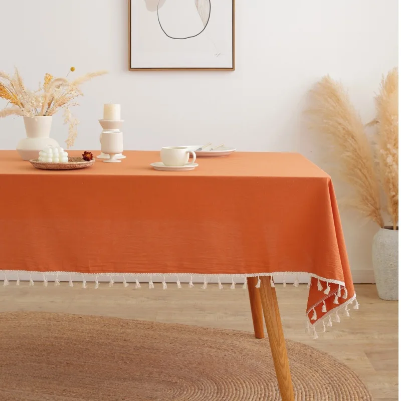 

Cotton Linen Solid Orange with Tassel Rectangular Table Cloth Kitchen Table Map Towel Tablecloth for Coffee Table Cover