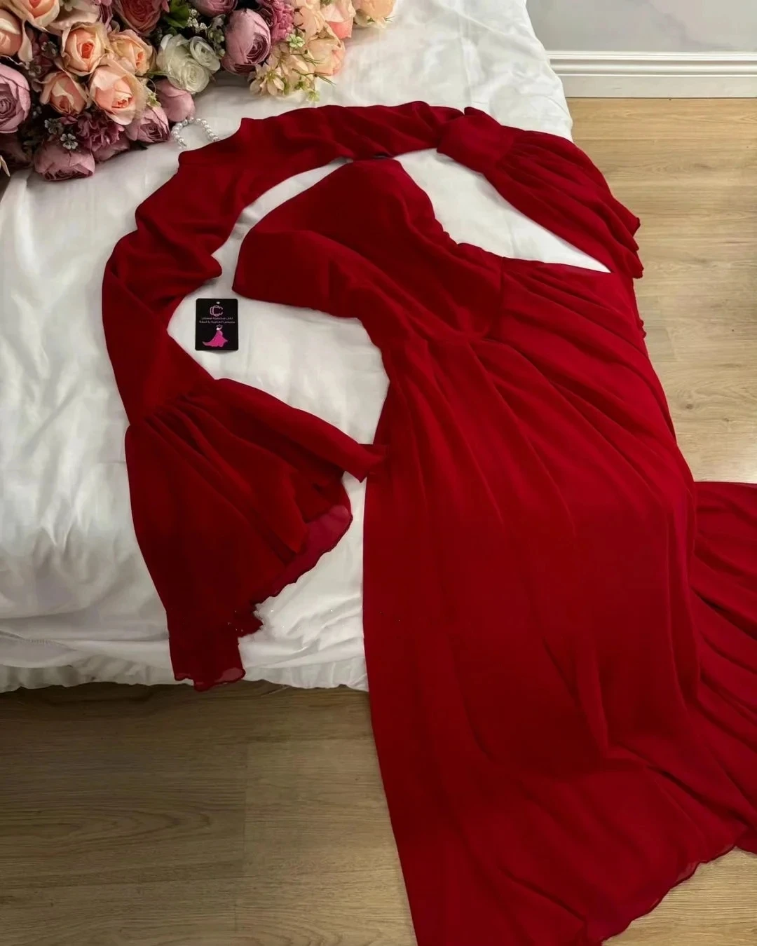 Red Prom Gown Party Dresses 2024 With Jacket Evening Dress Long Sleeve Chiffon Cocktail Ankle-length Saudi Arabia Formal Dresses