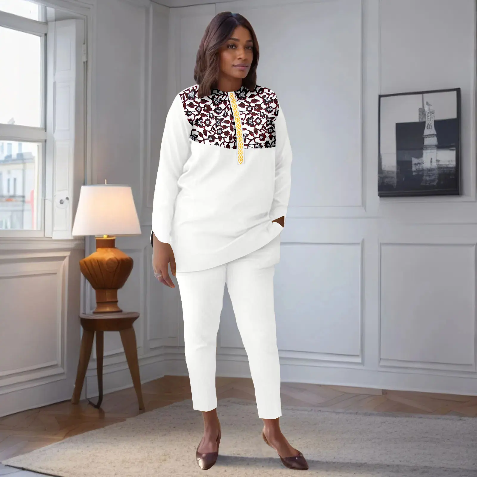 

African American Women's Printed Fabric Patchwork Monochrome Long Sleeve Top with Pants, Plus Size, Fashion 2426031