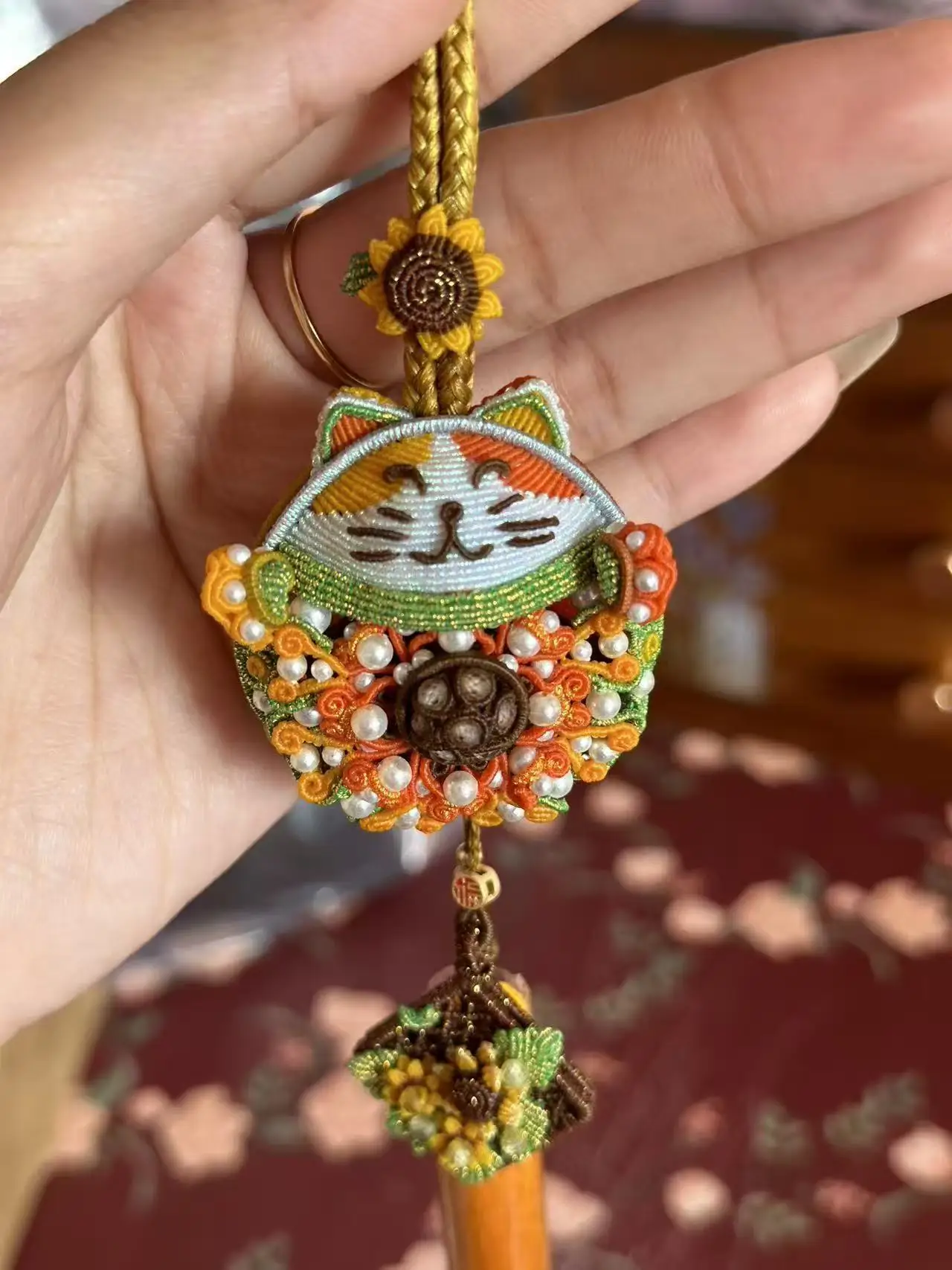 Handmade Braided Lucky Cat Hanging Ornament Maneki Neko Chinese Knot Tassel Home Decor Car Mirror Pendant Charm Custom Color
