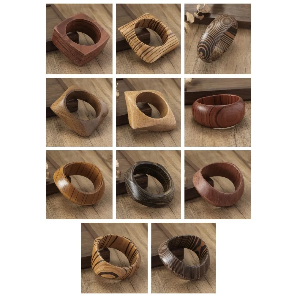 Retro Geometric Wooden Bracelet Round Square Wood Grain Bangle Fashion Vintage Burlywood Hand Ring Gift