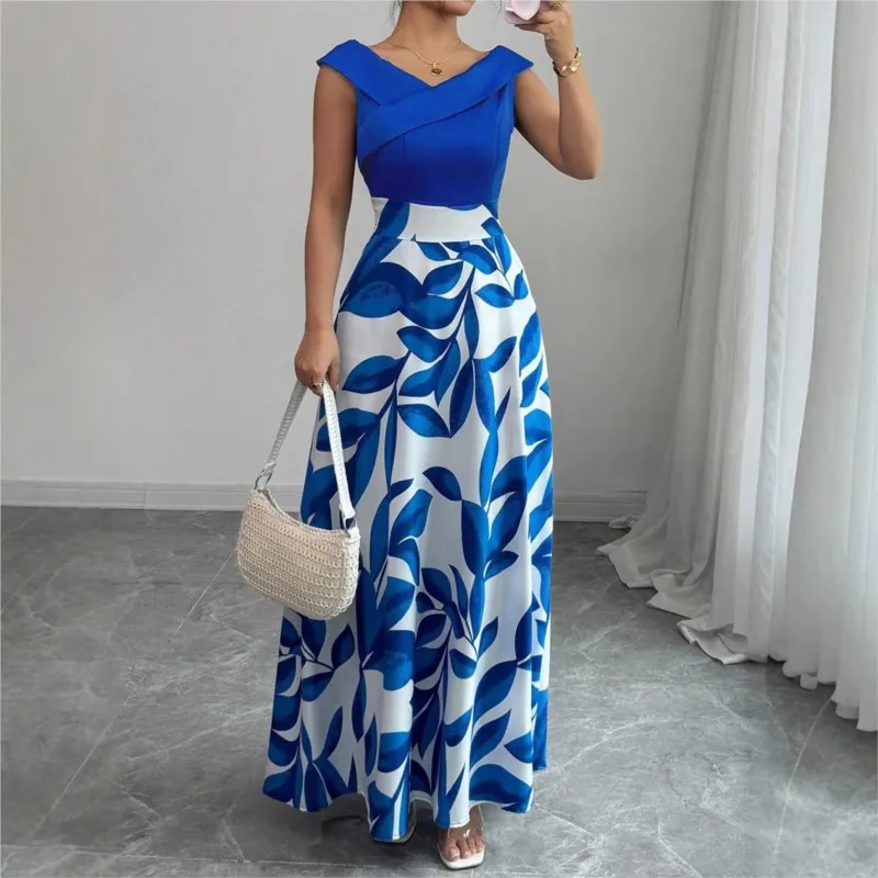 

Elegant Fashion Women Maxi Dress Summer Blue White Floral Print Patchwork Asymmetric V-neck Slim Waist Dresses for Evening Party