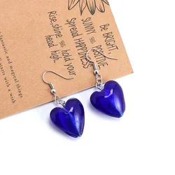 Qianbei Color Hand-made Murano Glass Gold Sand Women's Romatic Silver Plated Classic Dangle Heart Earrings