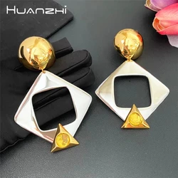 HUANZHI Vintage Gold Silver Color Splicing Geometric Drop Earrings Exaggerated Personality Large Jewelry for Fashion Women