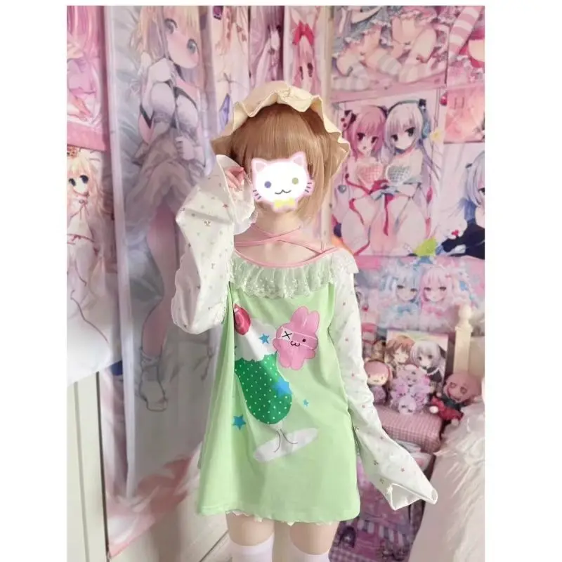 Japanese Sweet Cute Subculture Anime Cute House Long Sleeved Top with Tie Up Neck One Neck T-shirt Daughter's Dress