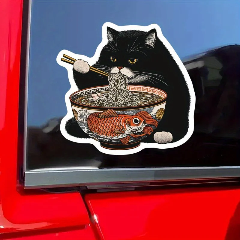 

1pc Kawaii Black Cat Ramen Vinyl Sticker, Japanese Travel Decal for Car, Laptop, Motorcycle, Water Bottle, Luggage Tag
