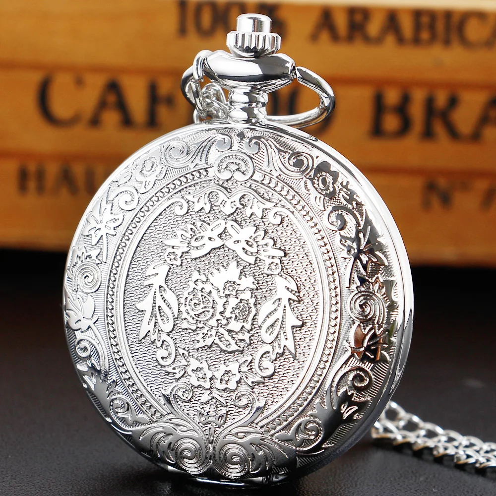 Quartz Pocket Watch para homens, Luxo Dial Prata, algarismos romanos, Retro FOB Cadeia Relógios