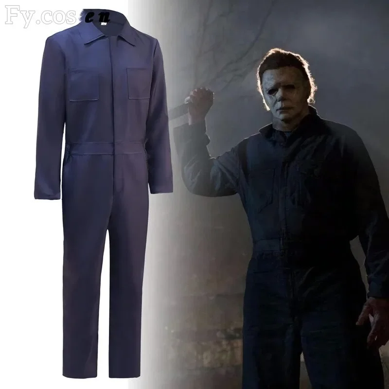 Michael Myers Rave Costume for Men Horror Cosplay Demon Killer Blue Workwear Halloween Mask Jumpsuit Adult Suit Sets