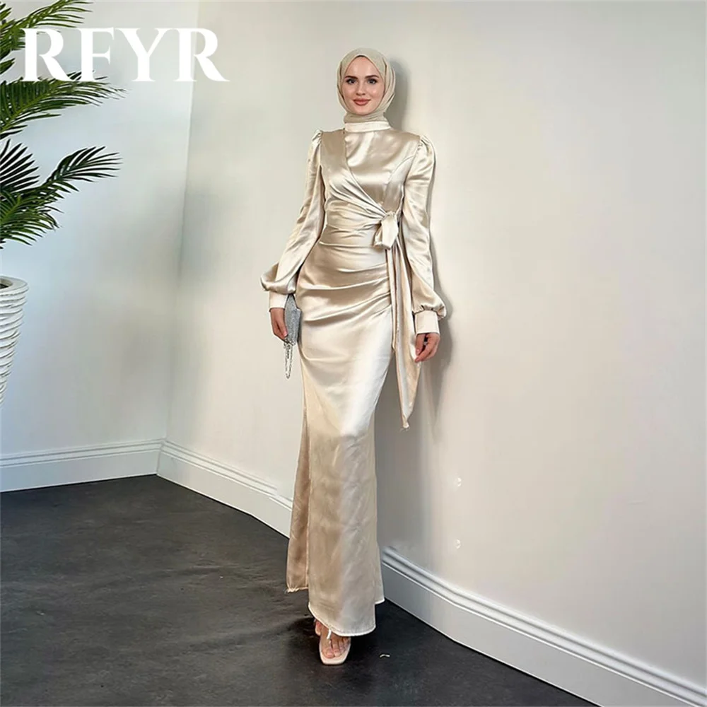 

RFYR Arabia Champagne Evening Dresses High Neck Long Sleeves Satin Party Dress Formal Prom Dress Robes De Soirée Customized