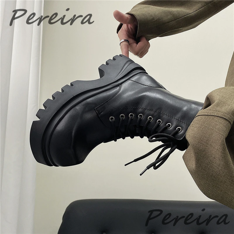 Men Round Toe Chunky Platform High-Top Boots Trendy Black Leather 7CM Height-Increasing Shoes Autumn Winter Fashion Male Shoes