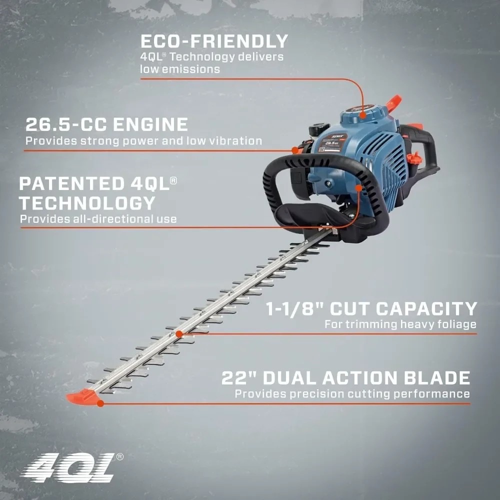 4QL 26.5 cc 4 Cycle 22-Inch Gas Hedge Trimmer Garden Tool to Trim Shrubs Bushes and More Double Sided Dual Action Blades