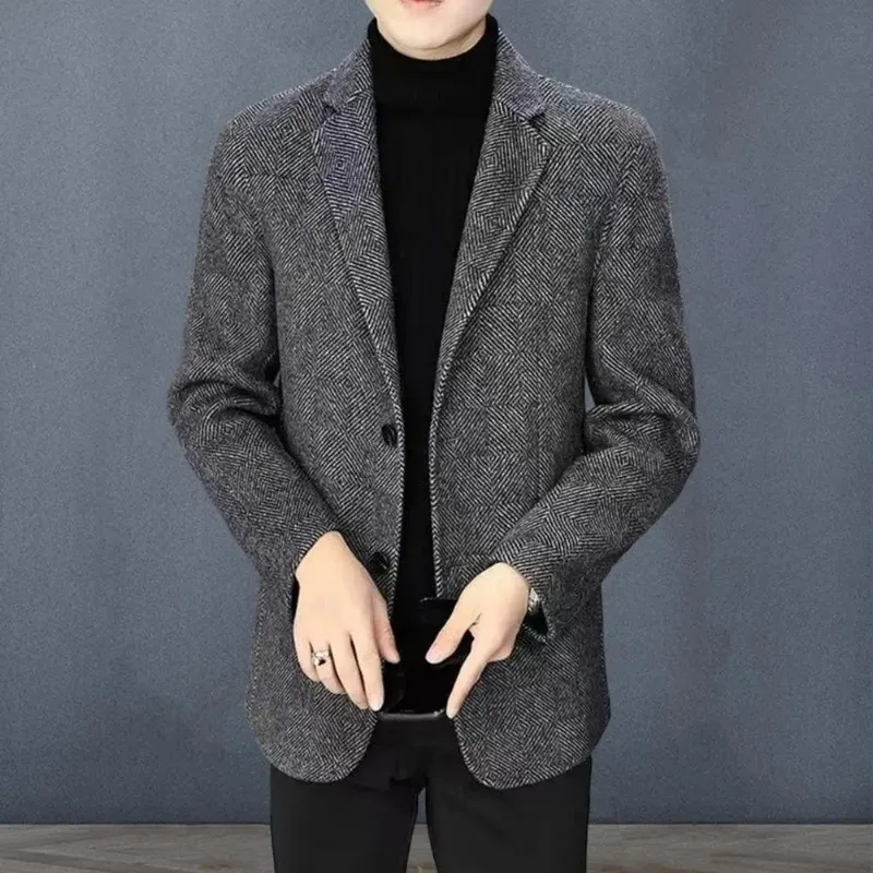 Wool Suit Jacket Men Winter Suit Coat Men's Slim Fit Woolen Business Jacket with Lapel Long Sleeve Two Button Suit for Autumn
