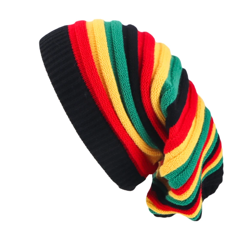 Men Women Rasta Jamaica Knit Beanie Cap Red Yellow Green Black Striped Slouchy Oversized Hip Hop Knitted Hat view 6