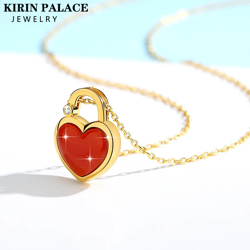 18K Gold Double-sides Heart Pendant White Shell Necklaces Genuine AU750 Red Agate for Women Anniversary Party Trendy Jewelry